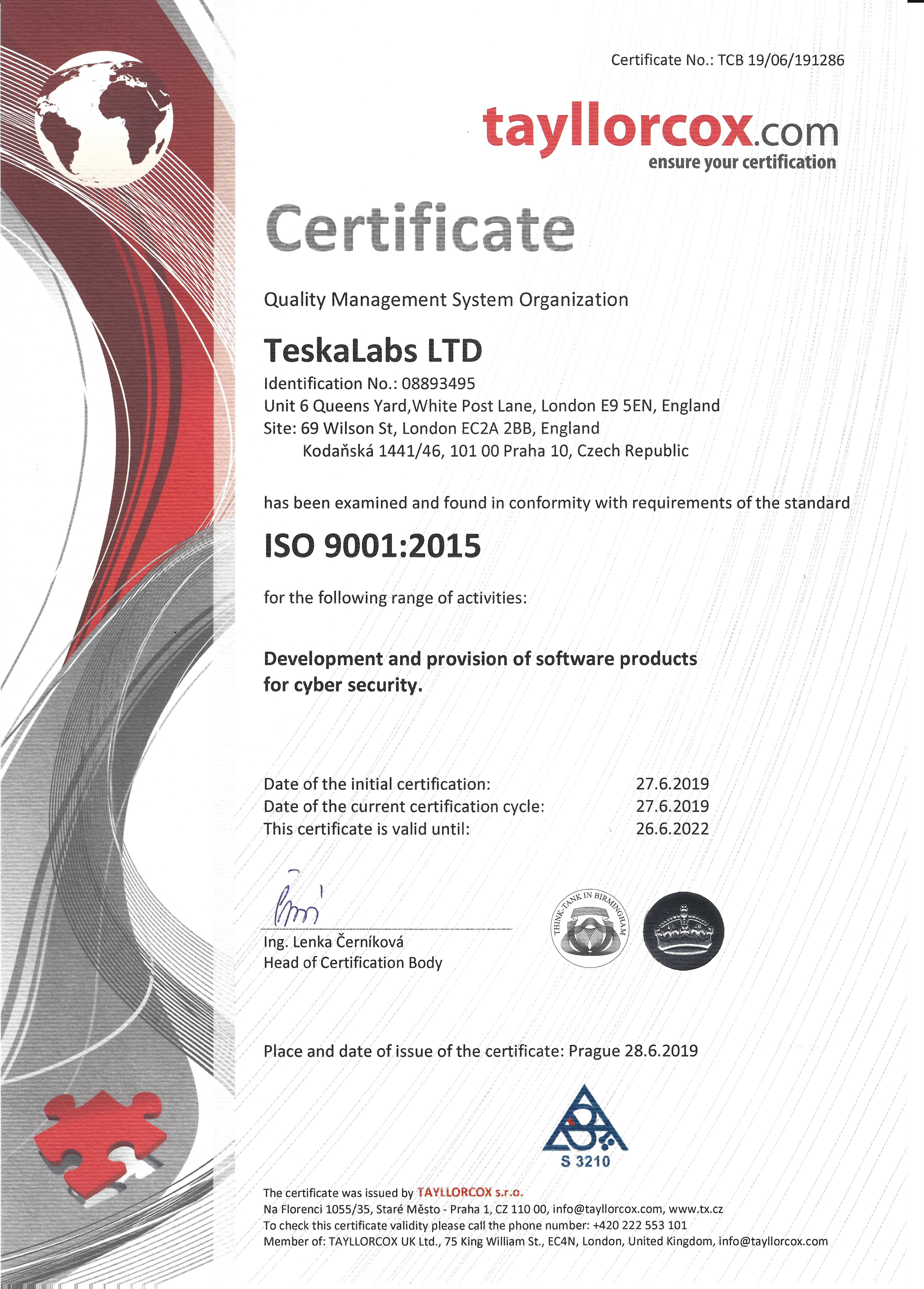 TeskaLabs ISO 9001:2015 certificate